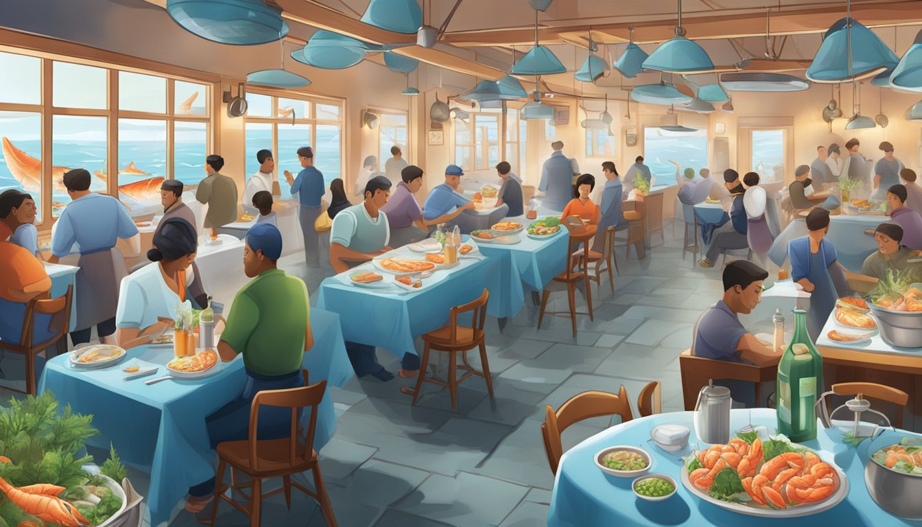 A bustling seafood restaurant with steaming pots, fresh fish on ice, and a lively atmosphere
