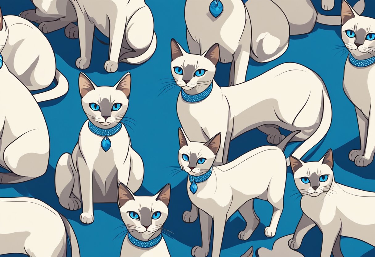 Several elegant Siamese cats stand in a row, their sleek bodies and striking blue eyes catching the light. Each cat exudes confidence and poise as they await judgment in the beauty contest