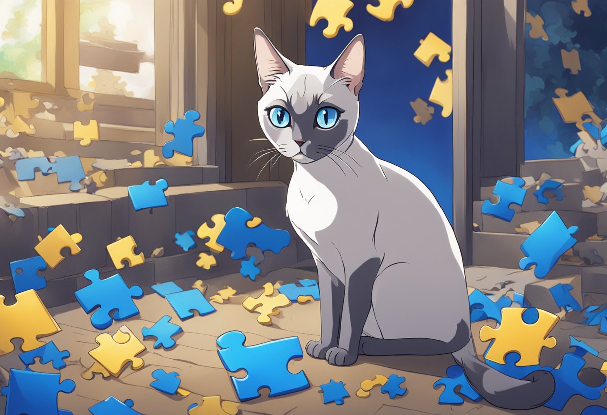 A Blue Point Siamese cat sits with a quizzical expression, surrounded by question marks and puzzle pieces, capturing the enigmatic nature of these feline beauties