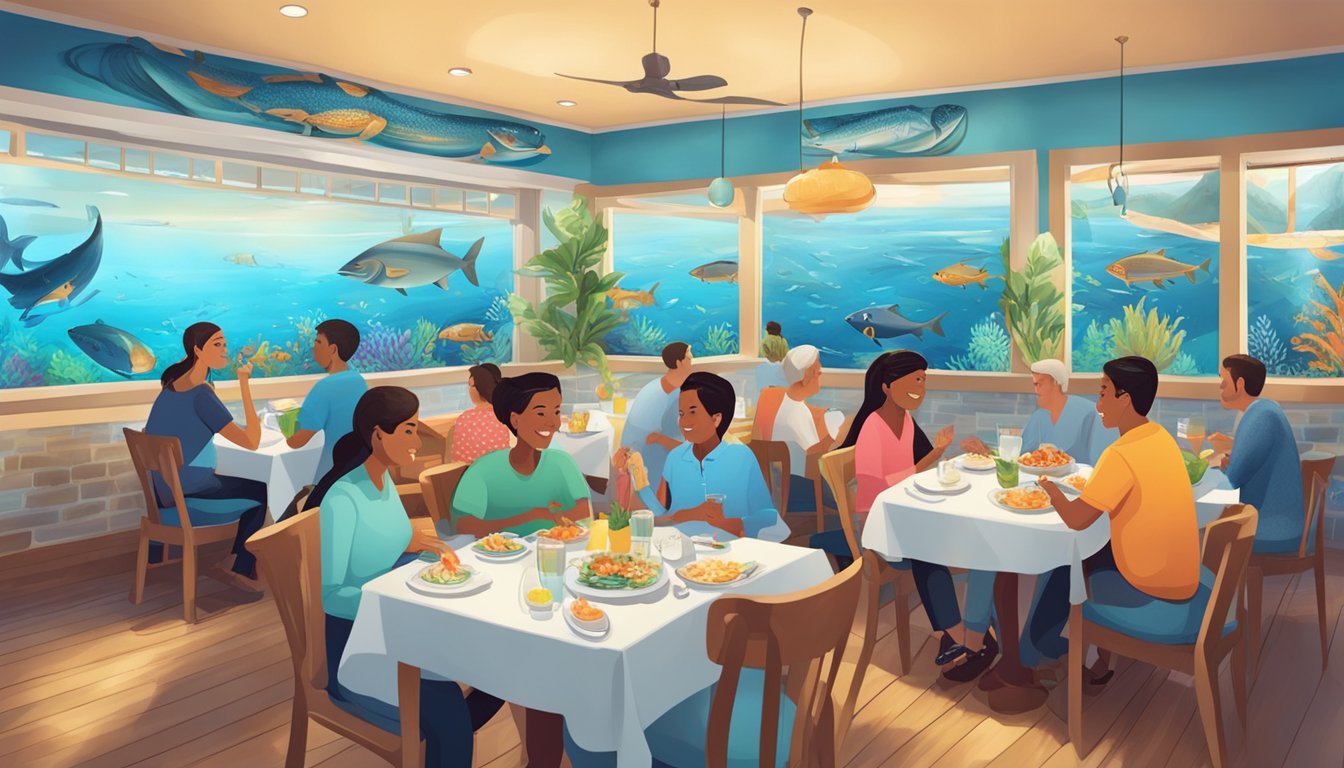 Customers enjoying fresh seafood dishes at Love Seafood Restaurant, with a vibrant ocean-themed decor and a cozy, welcoming atmosphere