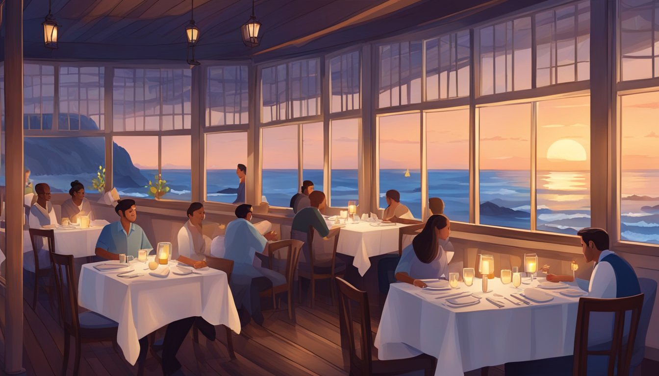 Customers dining at a cozy seafood restaurant, with a view of the ocean through large windows. Tables are set with white linens and flickering candlelight