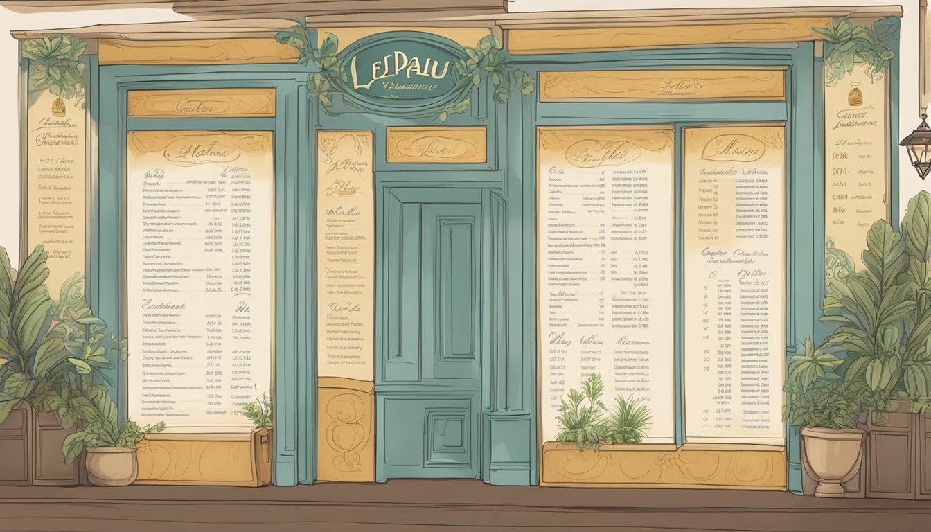 A menu board hangs above the entrance, listing the specialties of Lepau restaurant in elegant calligraphy