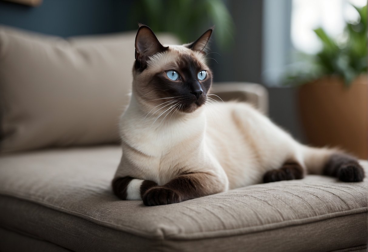 A Siamese cat sits elegantly on a cushion, with its striking blue eyes gazing off into the distance. Its sleek, slender body and pointed ears convey an air of grace and intelligence