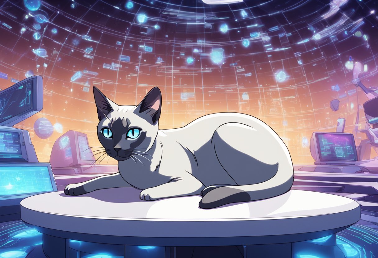 A sleek Blue Point Siamese cat lounges on a futuristic, minimalist platform, surrounded by holographic projections of genetic codes and scientific diagrams