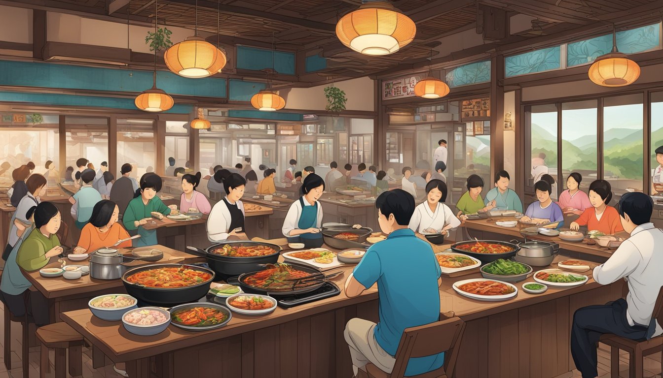 A bustling Korean family restaurant with traditional decor, steaming pots of kimchi stew, and sizzling barbecue grills. Tables filled with colorful banchan dishes and diners enjoying their meals