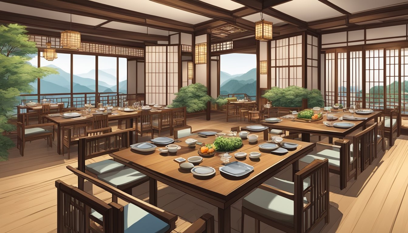 A traditional kaiseki restaurant with elegant wooden decor, low tables, and intricate tableware set for a multi-course dining experience