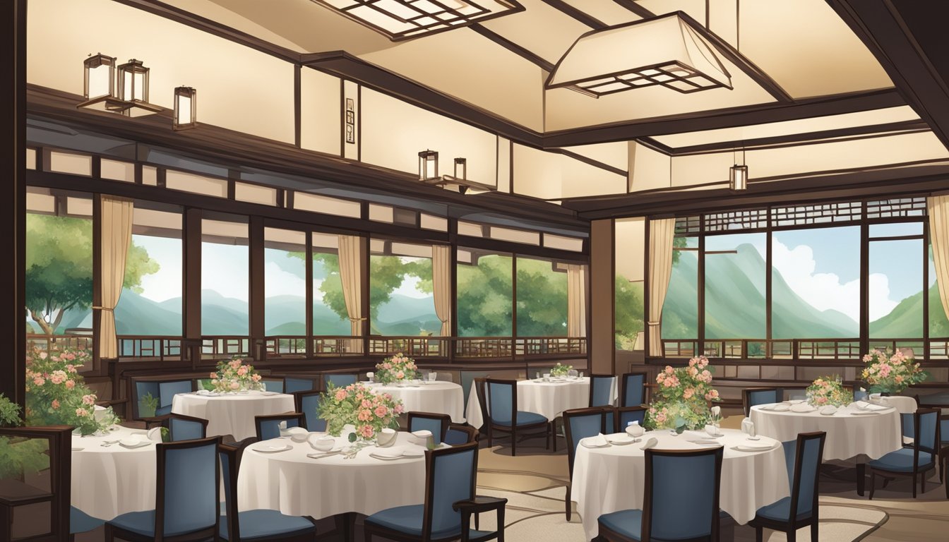 A serene kaiseki restaurant with traditional decor, low tables, and elegant place settings. Delicate floral arrangements adorn the space, creating a peaceful atmosphere