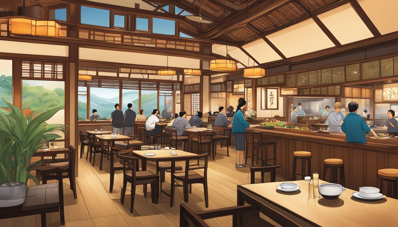 The vibrant interior of Ishi restaurant, with traditional Japanese decor and a sushi bar bustling with activity