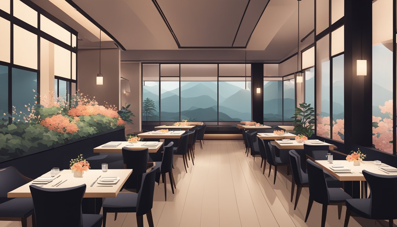 A modern Japanese restaurant with sleek decor, low lighting, and a sushi bar. Tables are set with elegant place settings and minimalist floral arrangements