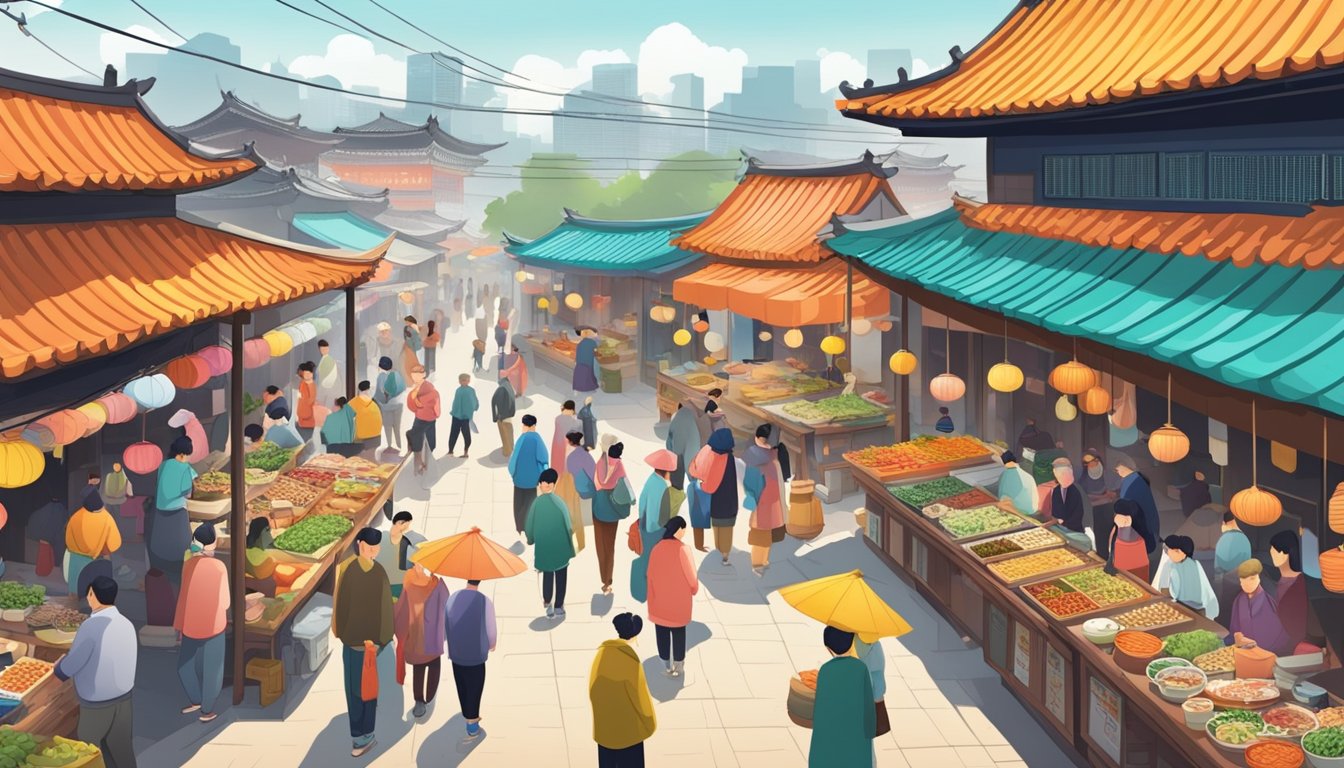 A bustling Korean market with colorful food stalls and families enjoying traditional dishes