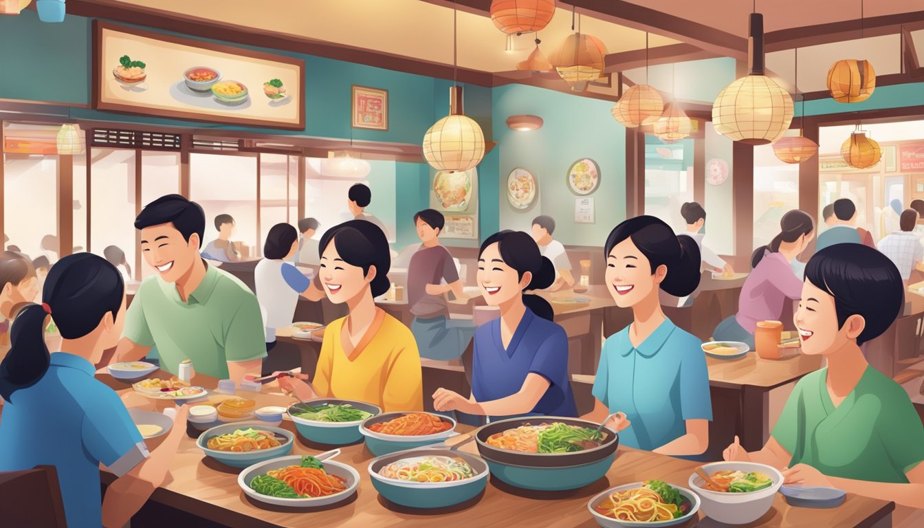A bustling Korean family restaurant with colorful decor, steaming dishes, and smiling customers enjoying their meals