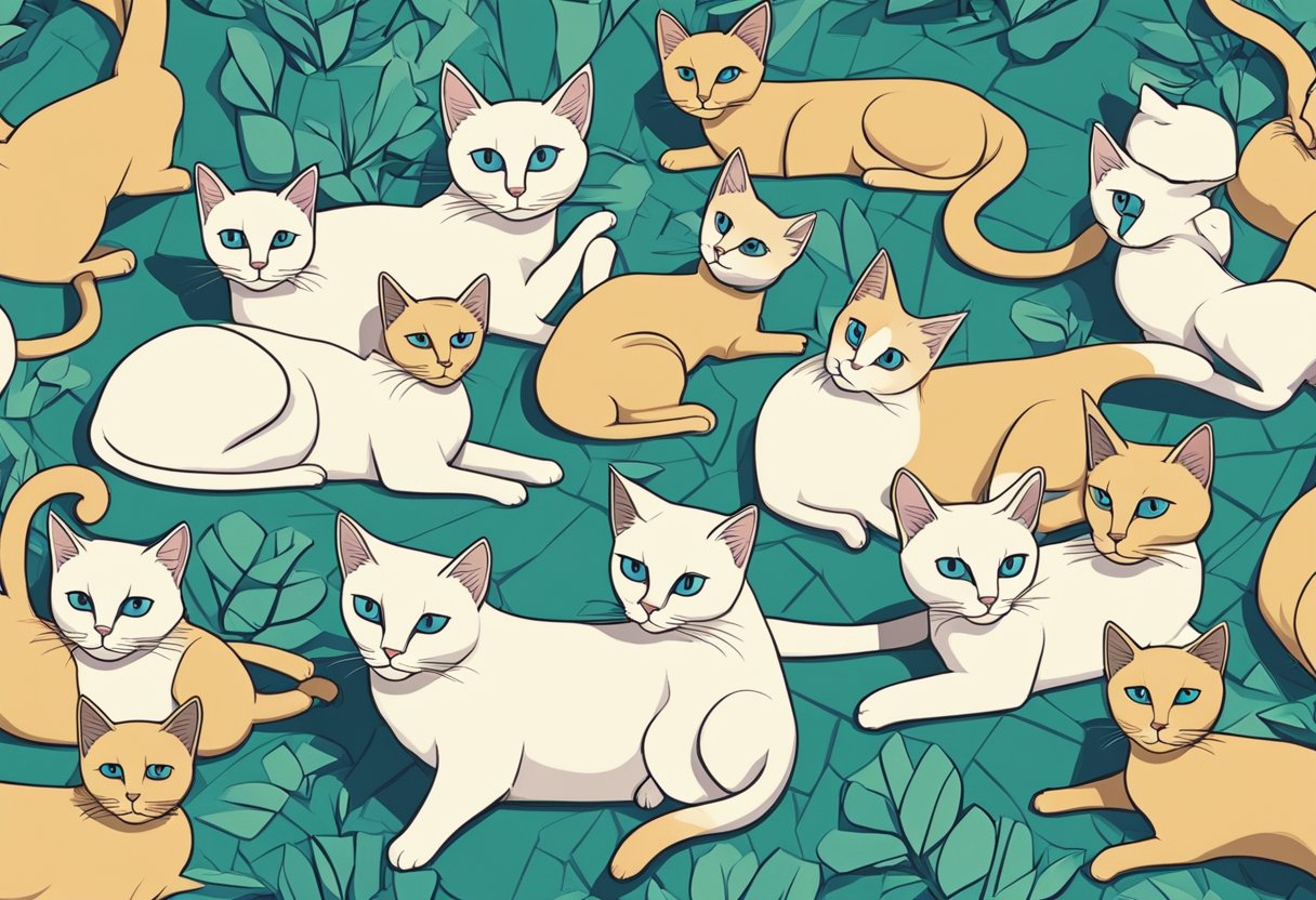 A group of quasi-Siamese cats lounging together, their sleek bodies and distinctive markings creating a striking visual display