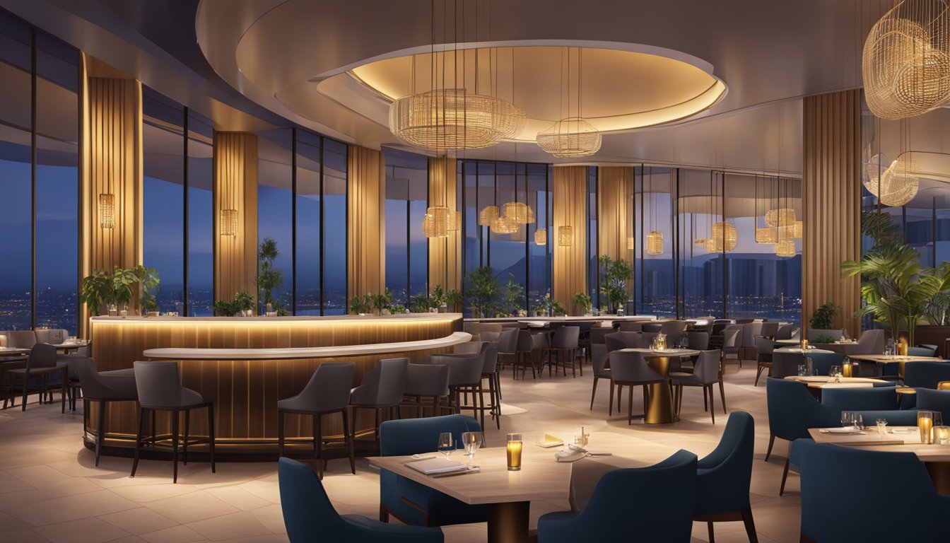 The elegant Andaz hotel restaurant features modern decor, ambient lighting, and a stylish bar area