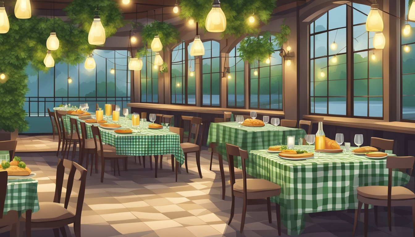 Tables set with checkered tablecloths, wine glasses, and breadsticks. Lush greenery and hanging lights create a cozy atmosphere