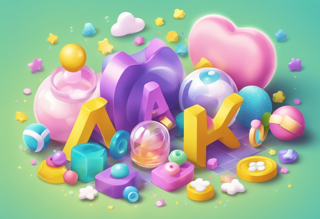 Aki baby name displayed on a colorful banner with playful font and surrounded by cute baby items like rattles and pacifiers