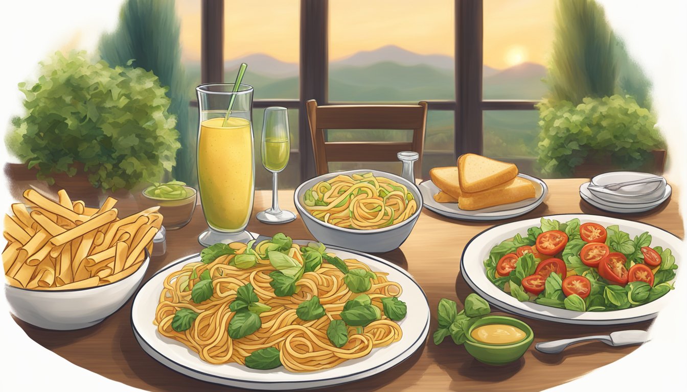 A table set with breadsticks, salad, and pasta. Soft lighting and cozy atmosphere. Olive Garden logo visible