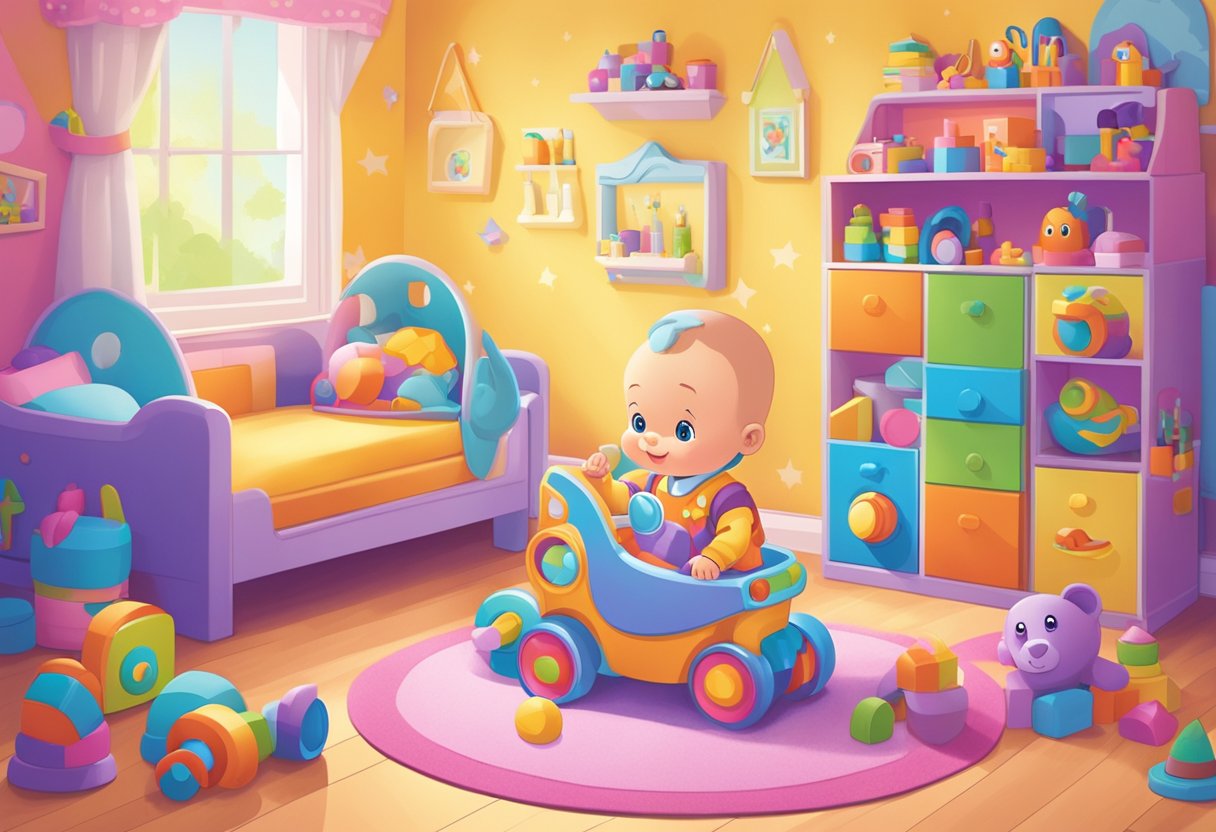 A baby named Kristina playing with colorful toys in a bright, cheerful nursery