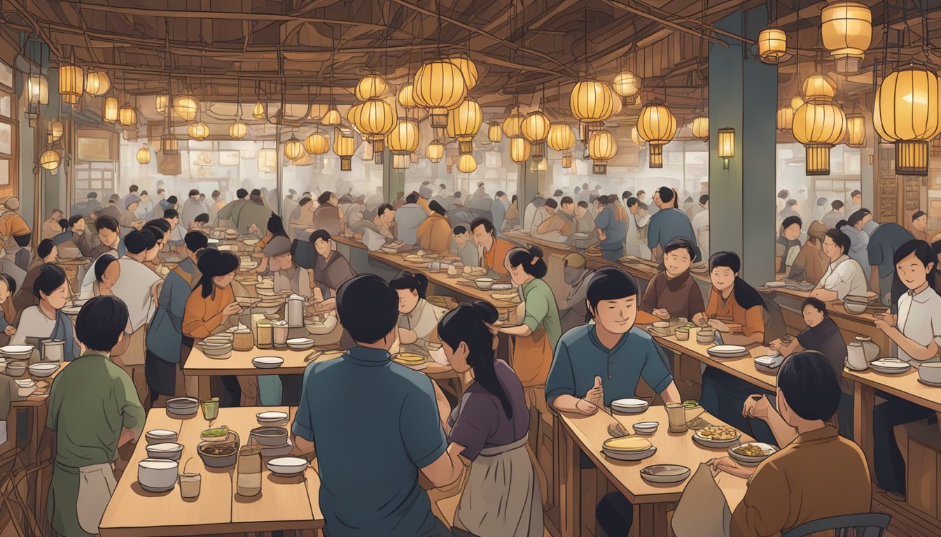 Busy noodle restaurant with steaming pots, hanging lanterns, and bustling chefs. Customers slurp noodles at communal tables while waiters weave through the crowd