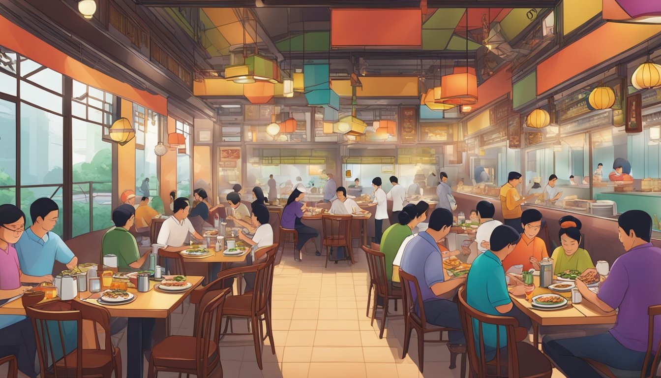 Busy asian restaurant in Singapore, with colorful decor and steaming plates of traditional cuisine being served