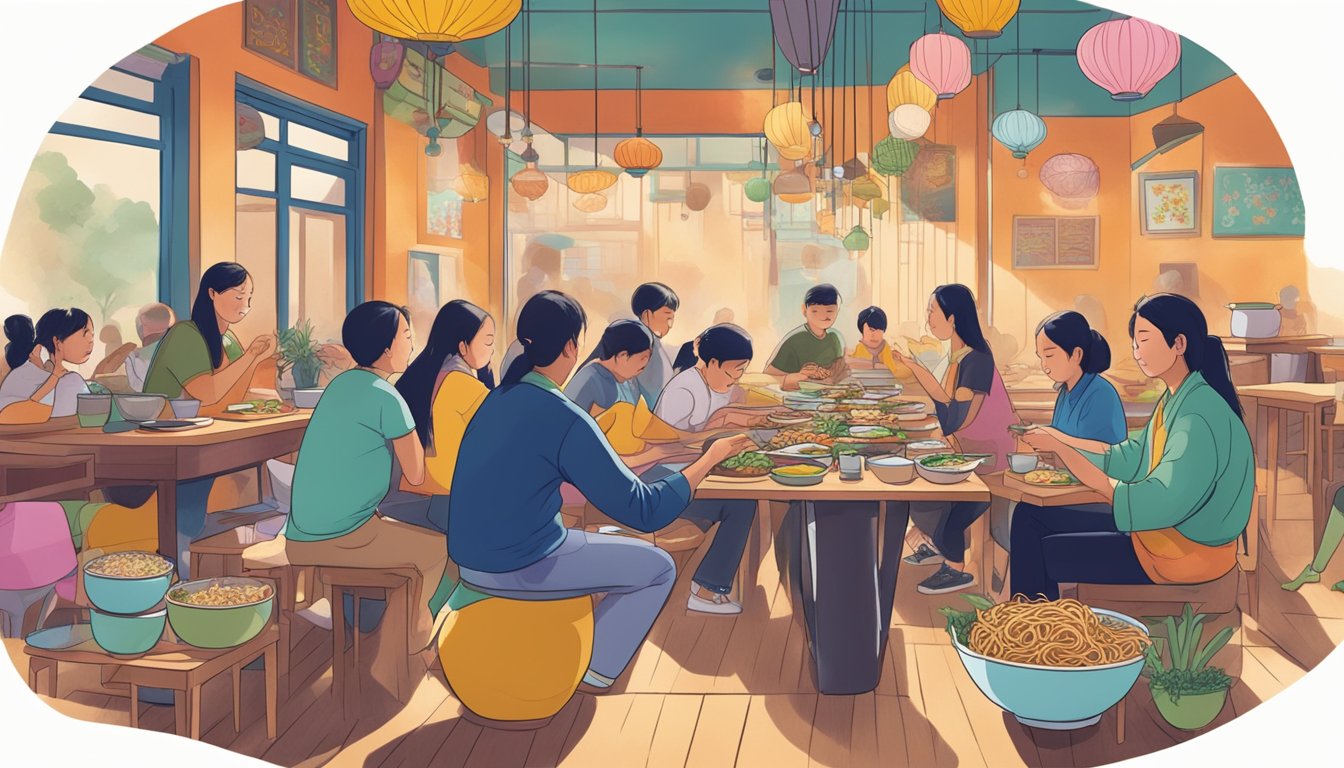 Customers slurping noodles at Noodle Delights, surrounded by steaming bowls and colorful decor