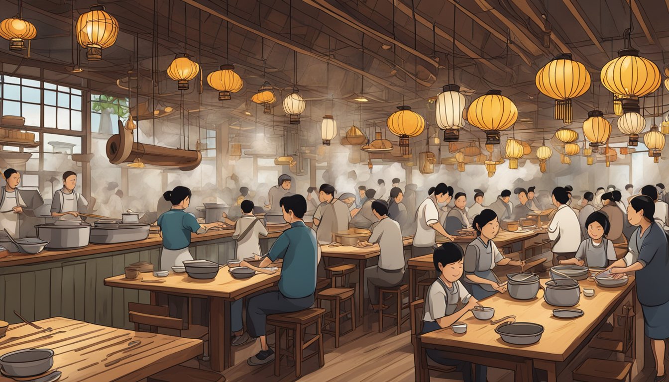A bustling noodle restaurant with steaming pots, hanging lanterns, and bustling waitstaff. Customers slurp noodles at wooden tables while chefs skillfully toss and cook noodles in the open kitchen