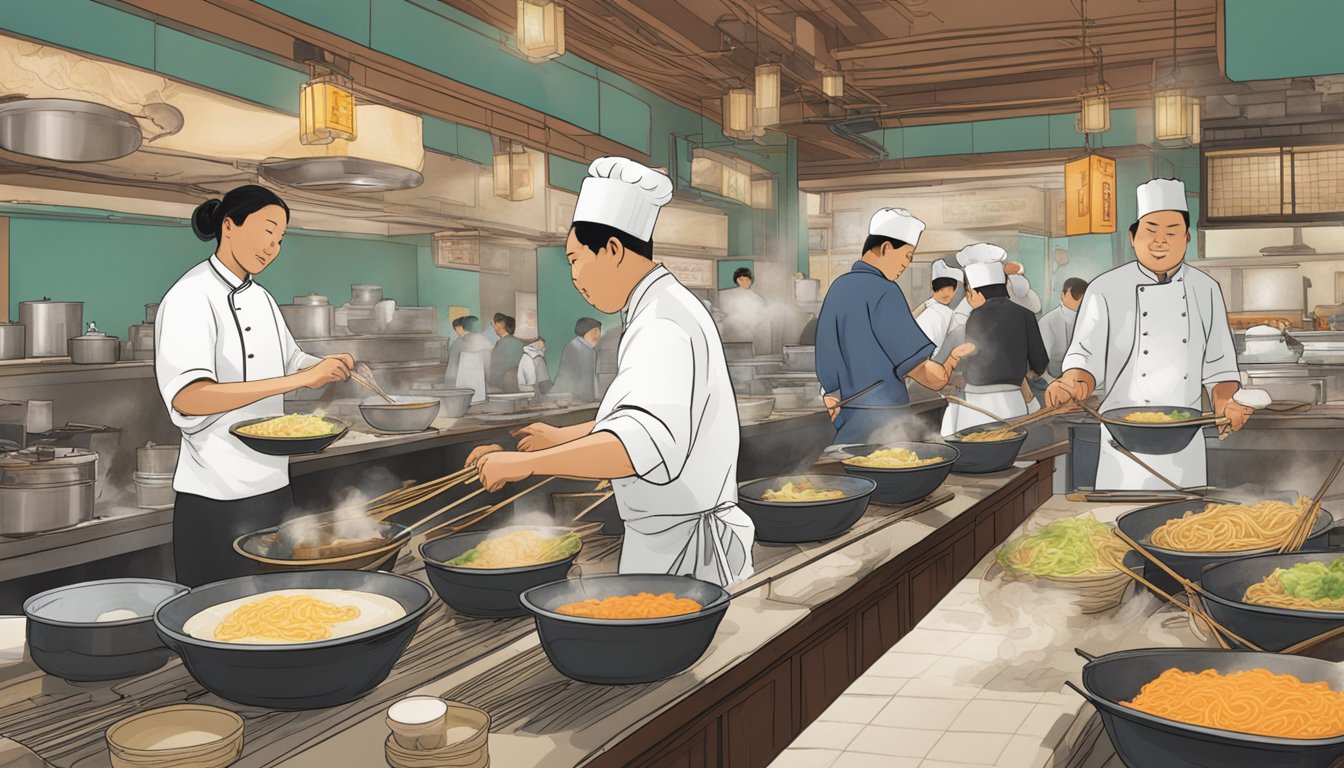 A bustling noodle restaurant with a line of customers, steam rising from bowls, and a chef expertly tossing noodles in a wok