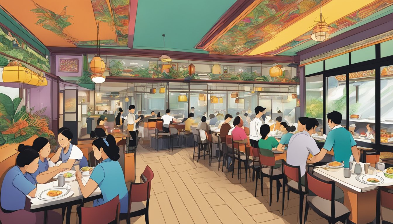 A bustling Asian restaurant in Singapore, with colorful decor and a busy staff serving customers. The menu prominently features "Frequently Asked Questions" section