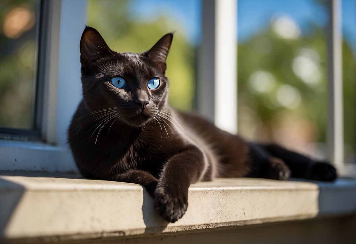 A sleek black Siamese cat lounges on a sunlit windowsill, its piercing blue eyes gazing out at the world beyond