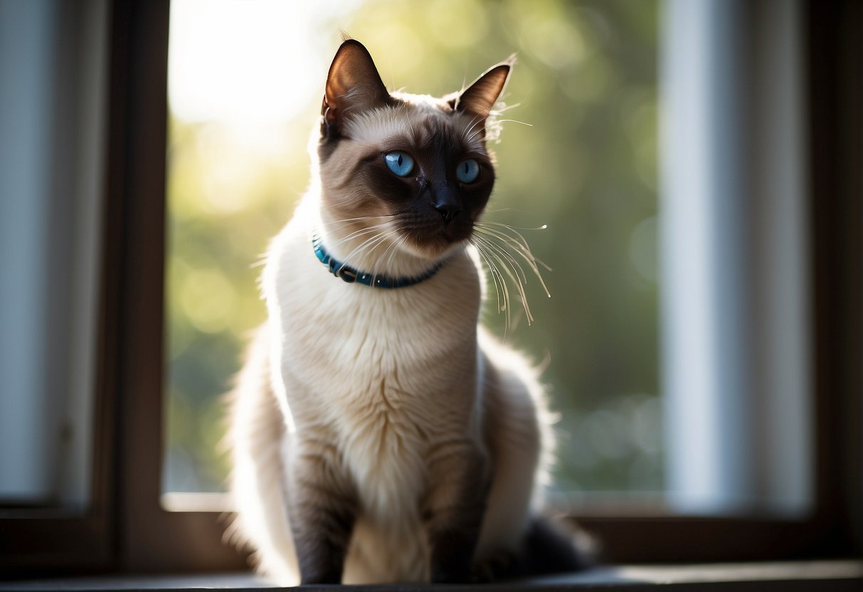 A regal Siamese cat with piercing blue eyes gazes confidently from a sunlit window, its sleek fur catching the light in a dazzling display