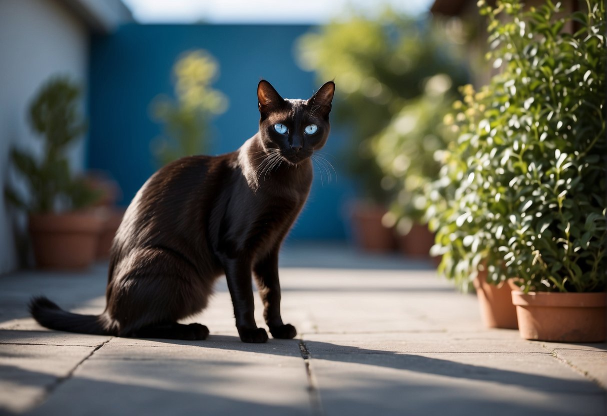 A black Siamese cat stands proudly, with sleek fur and piercing blue eyes. Its elegant posture and striking features hint at its ancient and mysterious origins