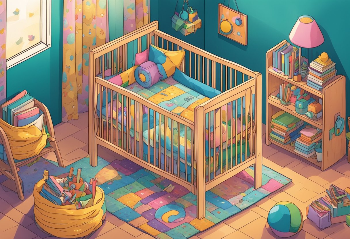 A colorful crib with the name "Akshara" written in playful lettering. Toys and books scattered around, creating a cozy and cheerful atmosphere