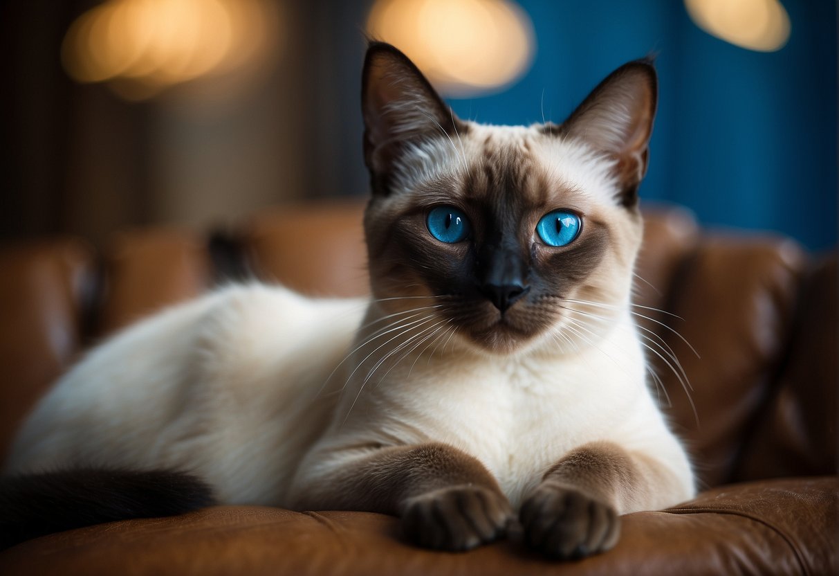 A sleek Siamese cat with striking blue eyes sits with meticulous features, its fur a beautiful blend of cream and brown