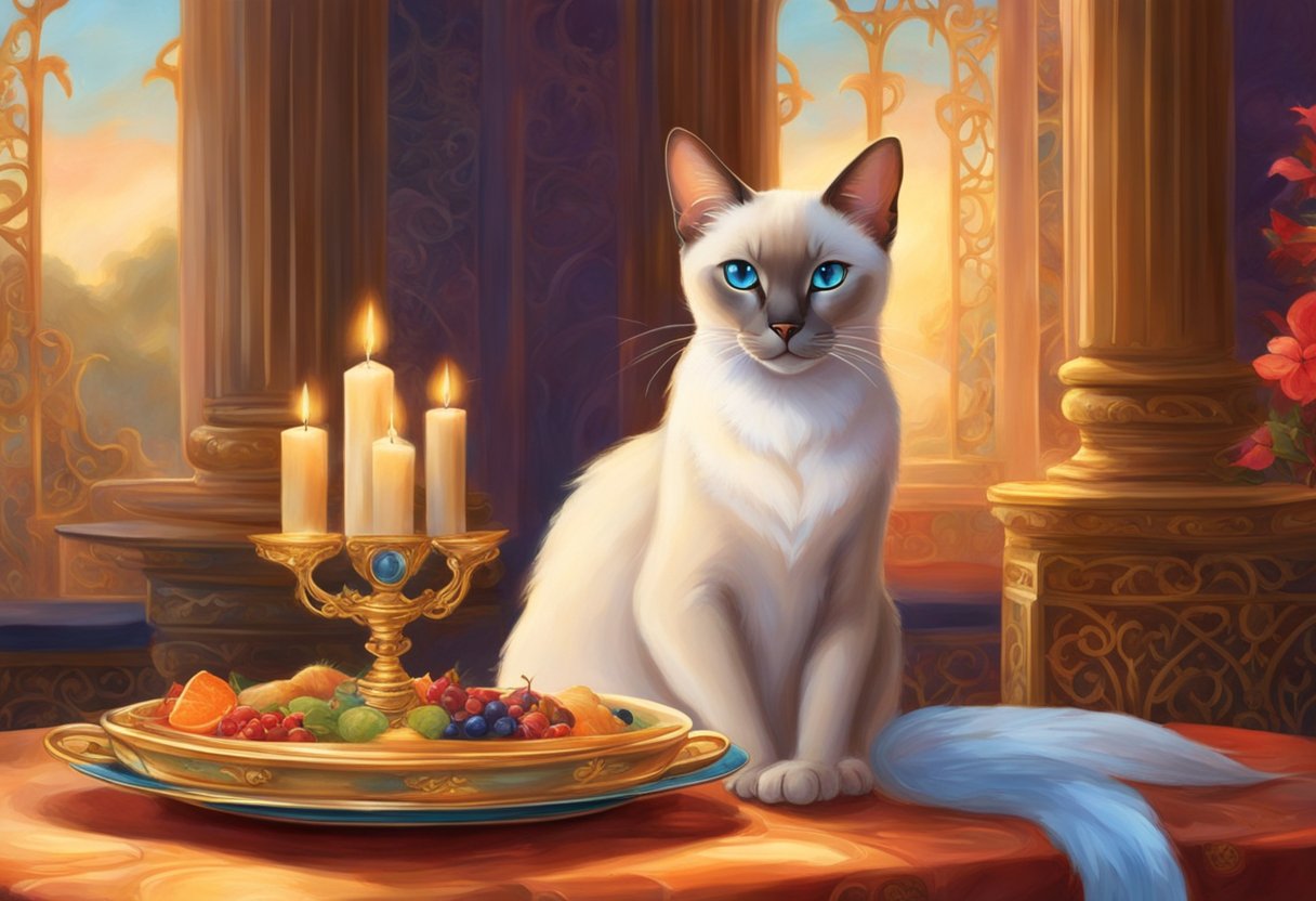 A regal Siamese cat elegantly dines on a budget-friendly, high-quality cat food fit for royalty in a luxurious setting