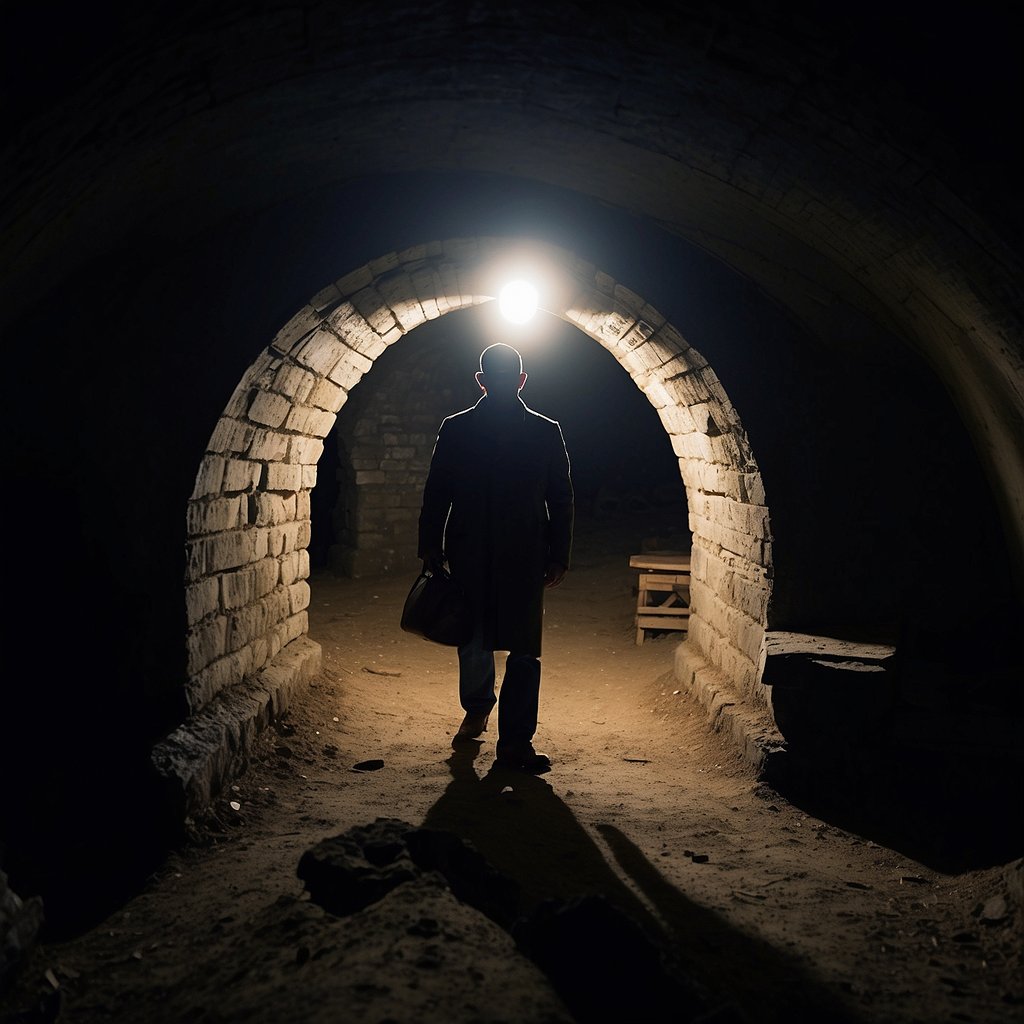 A shadowy figure uncovers a buried artifact in the dimly lit underground tunnels beneath Washington DC, revealing a forgotten piece of the city's history