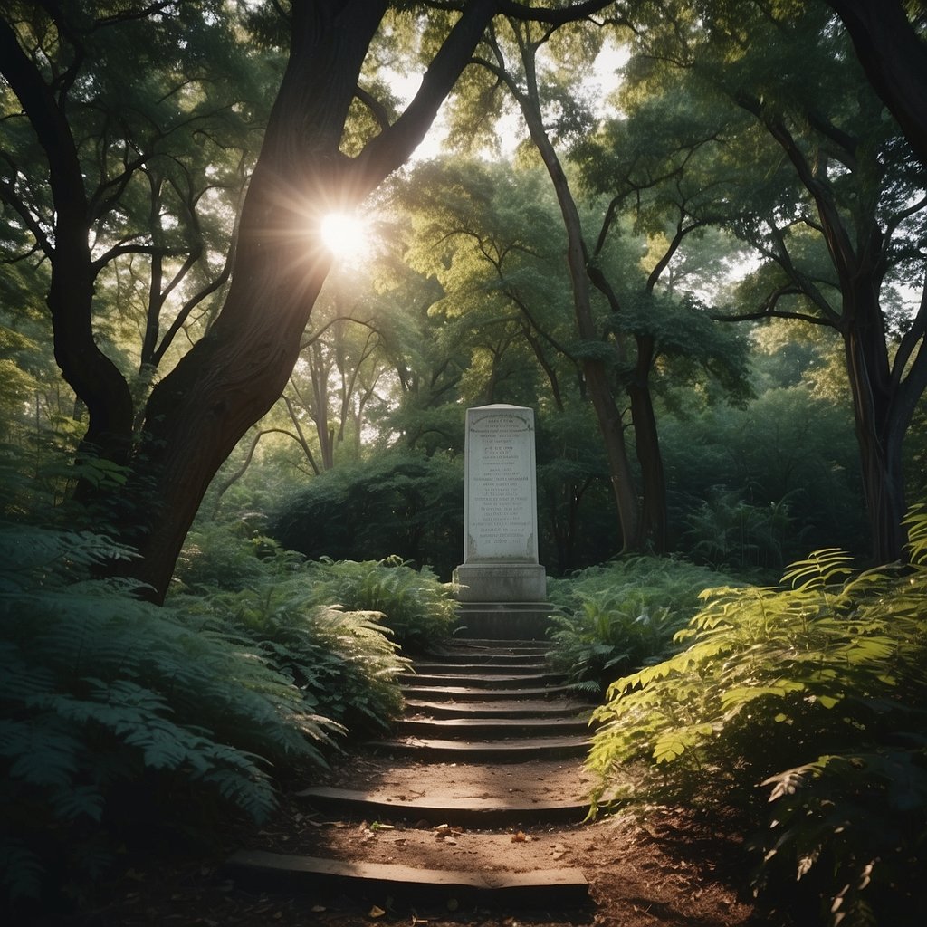 A hidden pathway winds through overgrown foliage, leading to a forgotten monument with weathered inscriptions, symbolizing the lesser-known history of Washington DC