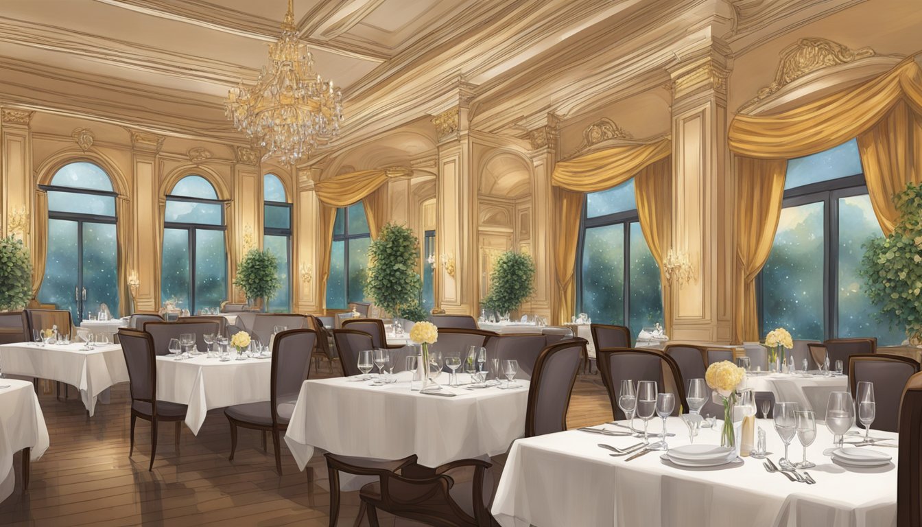 The bustling Napoleon restaurant, filled with diners and waitstaff, exudes an atmosphere of elegance and sophistication. Tables are adorned with crisp linens and sparkling glassware, while the aroma of delicious cuisine wafts through the air