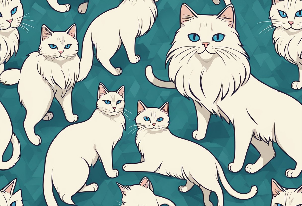 A Birman cat and a Siamese cat face off, their tails puffed and ears flattened, ready to engage in a playful yet intense confrontation