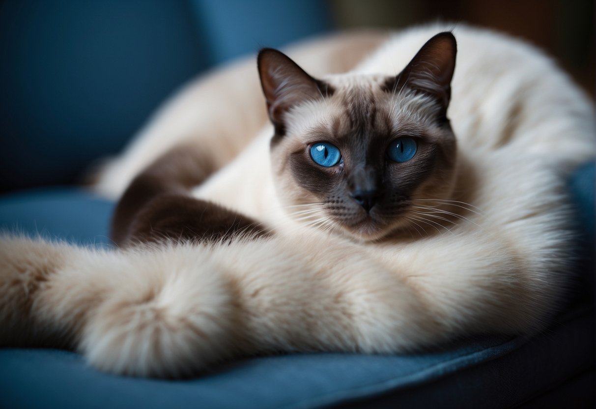 A sleek, elegant Siamese cat with brilliant blue eyes lounges on a plush velvet cushion, exuding confidence and charm