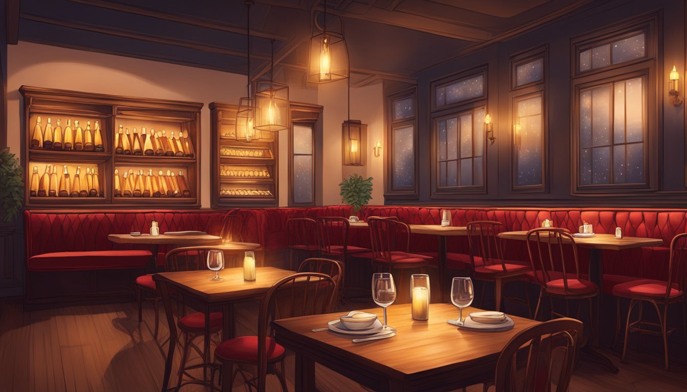 A cozy bistro with dim lighting, red velvet chairs, and flickering candlelight. A vintage wine rack lines the walls, and the aroma of freshly baked baguettes fills the air