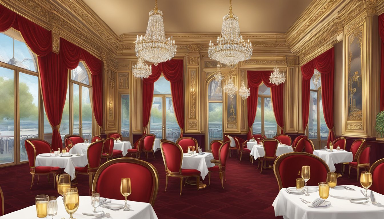 The elegant interior of Napoleon restaurant exudes French heritage with ornate chandeliers, rich red velvet upholstery, and gilded accents