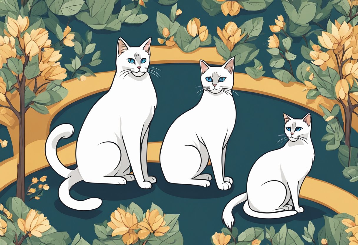 Two elegant cats, a Birman and a Siamese, stand facing each other with regal poise, showcasing their unique features and distinct coat colors