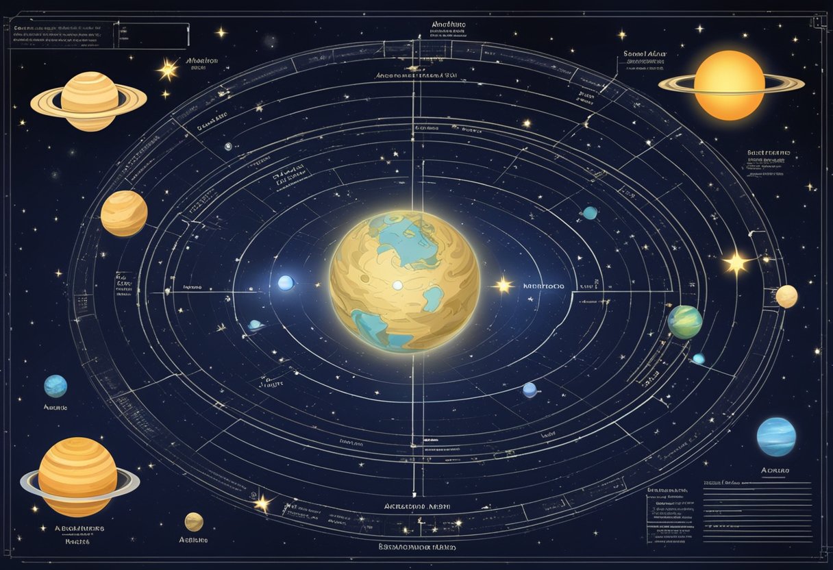 A celestial background with stars and planets, a set of numerology charts, and a list of baby names with the word "Akshara" highlighted