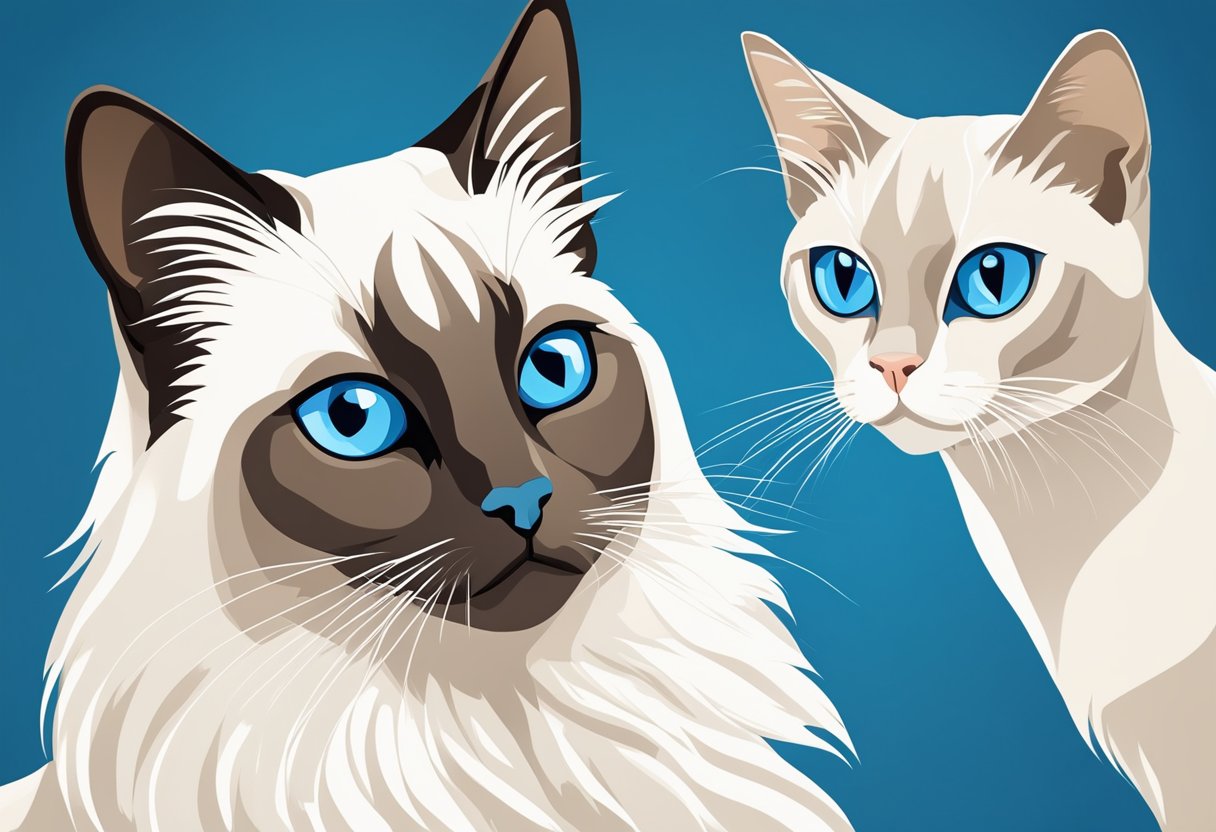 A Birman cat with long, silky fur and striking blue eyes faces off against a sleek, elegant Siamese cat with a short coat and piercing blue eyes