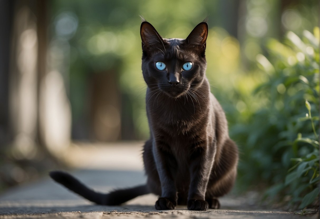 A Black Siamese cat prowls confidently, tail held high. Its piercing blue eyes exude intelligence and curiosity