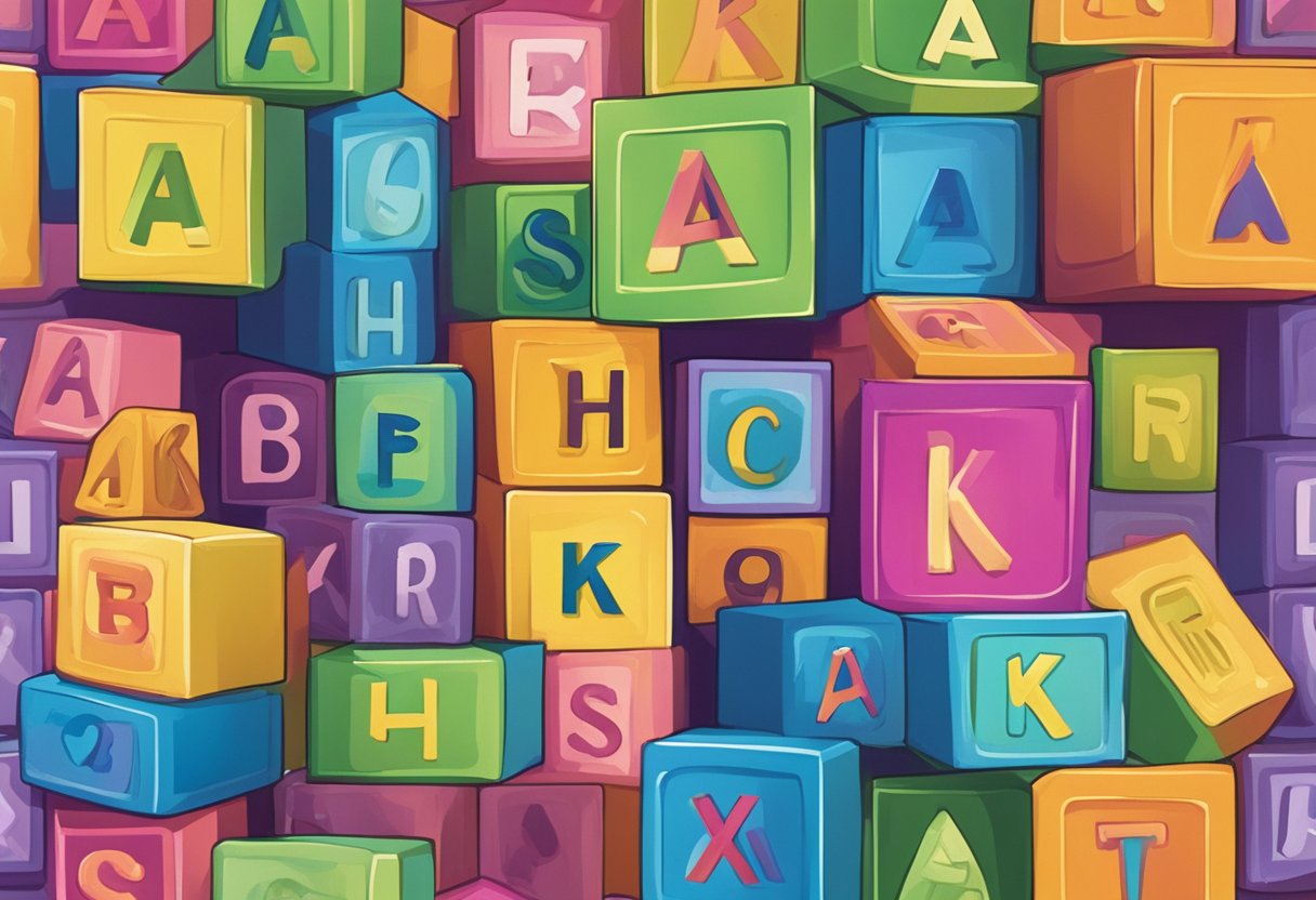 A colorful array of alphabet blocks spell out "Akshara" on a nursery shelf