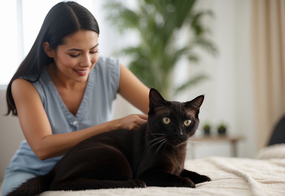 A black Siamese cat being brushed and groomed by a caring owner in a cozy, well-lit room