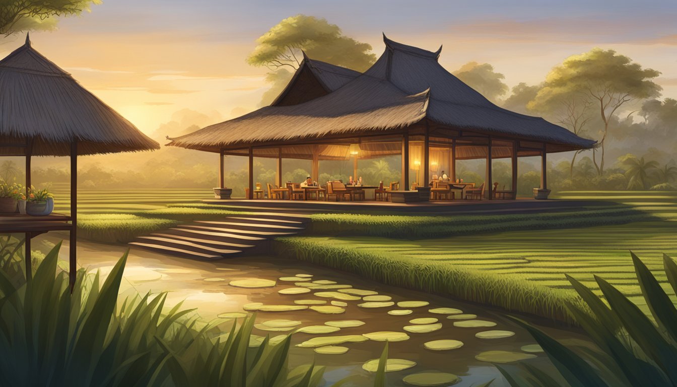A serene, open-air dining area surrounded by lush rice fields. Warm lighting and traditional Balinese decor create a cozy and inviting atmosphere