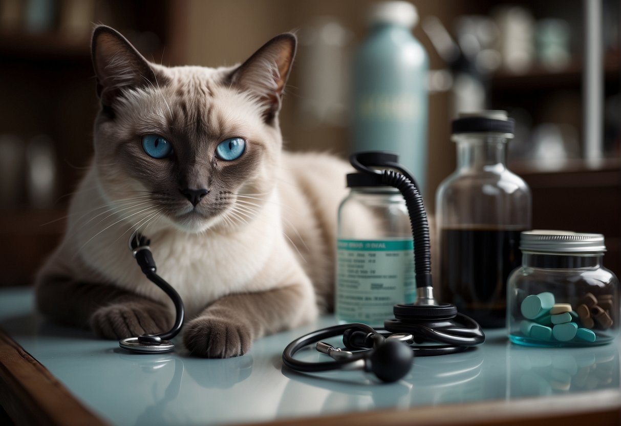 A sleek blue-eyed Siamese cat lounges on a vintage medical record, surrounded by stethoscopes and prescription bottles