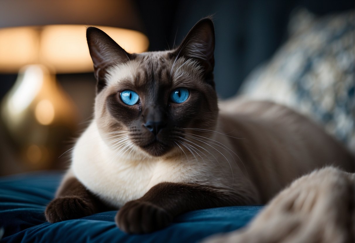 A sleek, blue-eyed Siamese cat lounges on a plush velvet cushion, surrounded by elegant decor and soft lighting. Its graceful posture and striking features exude an air of feline beauty and sophistication