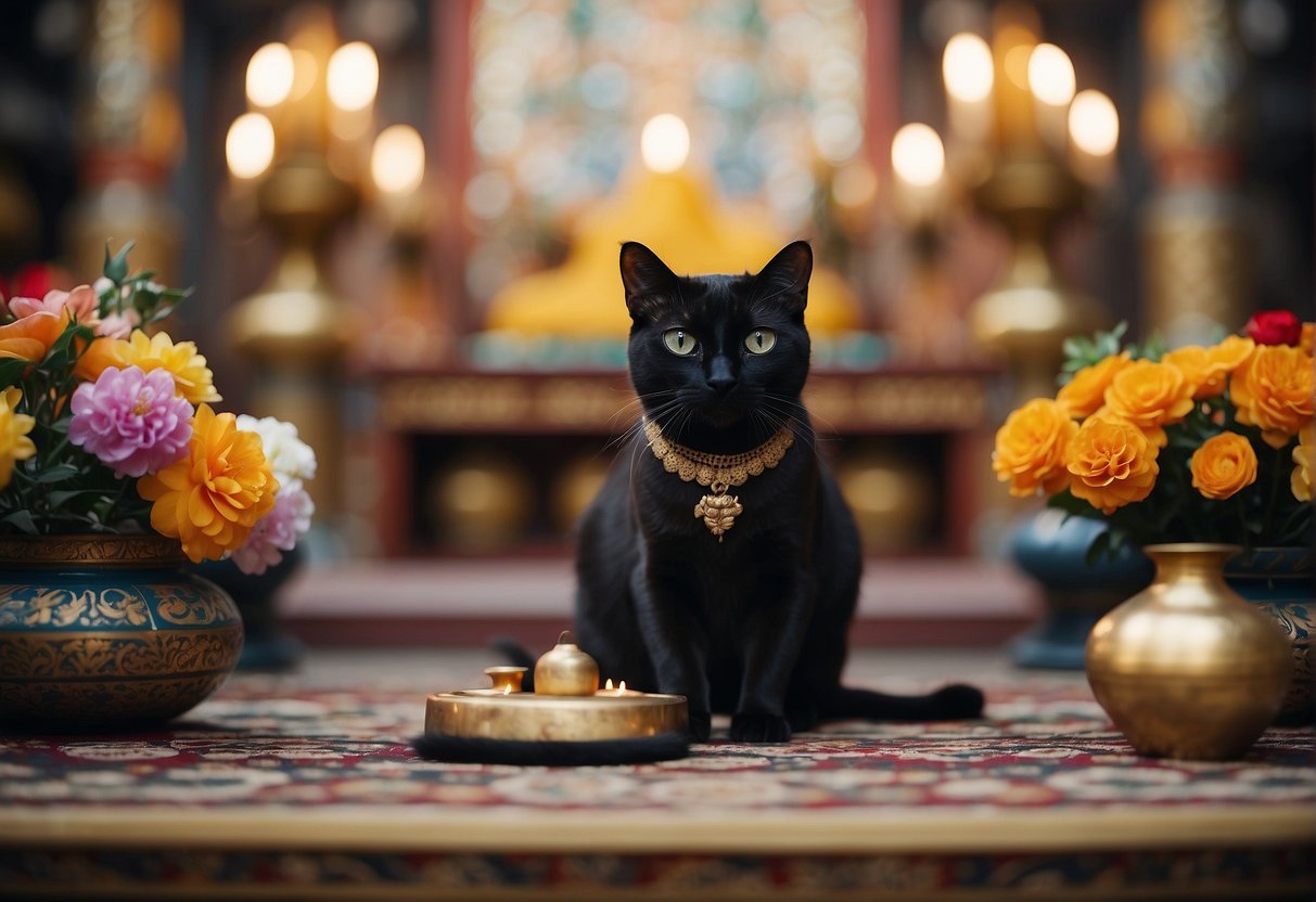 A traditional Siamese temple with ornate architecture, adorned with colorful tapestries and intricate patterns. A regal black Siamese cat sits proudly in the center, surrounded by offerings of flowers and incense